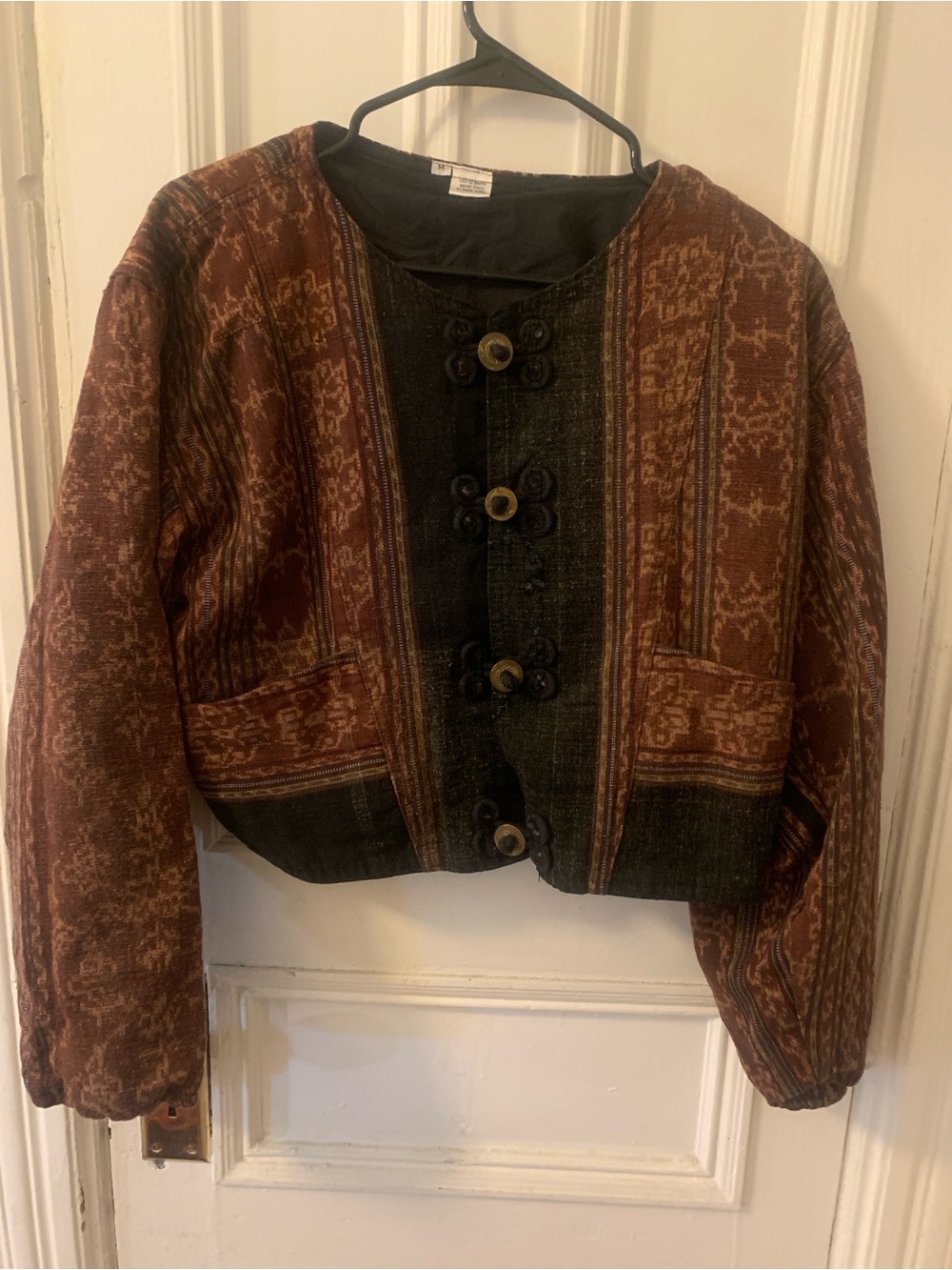 Women's Rust Patterned Short Jacket with Black Panels. EKAT fabric made in Bali
